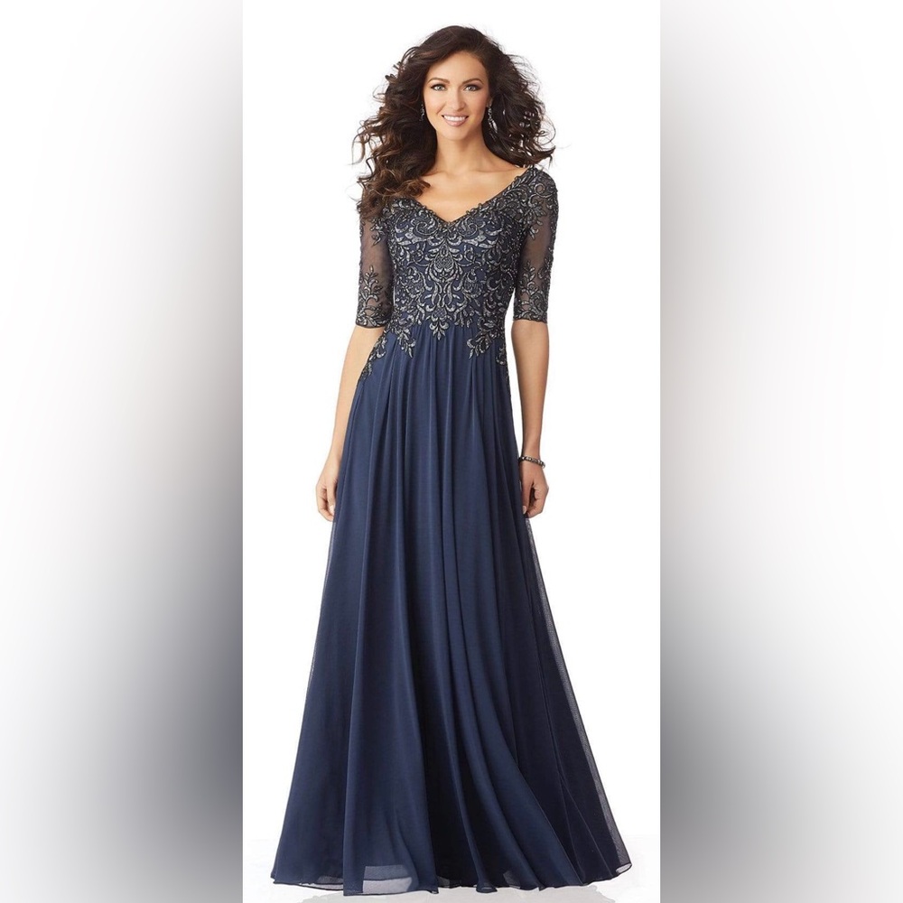 MGNY By Mori Lee - 71805 Embroidered V-neck A-line Gown